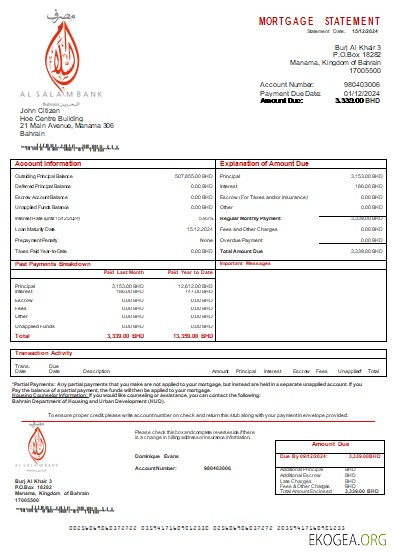 Bahreïn Al Salam Bank relevé hypothécaire bancaire scr